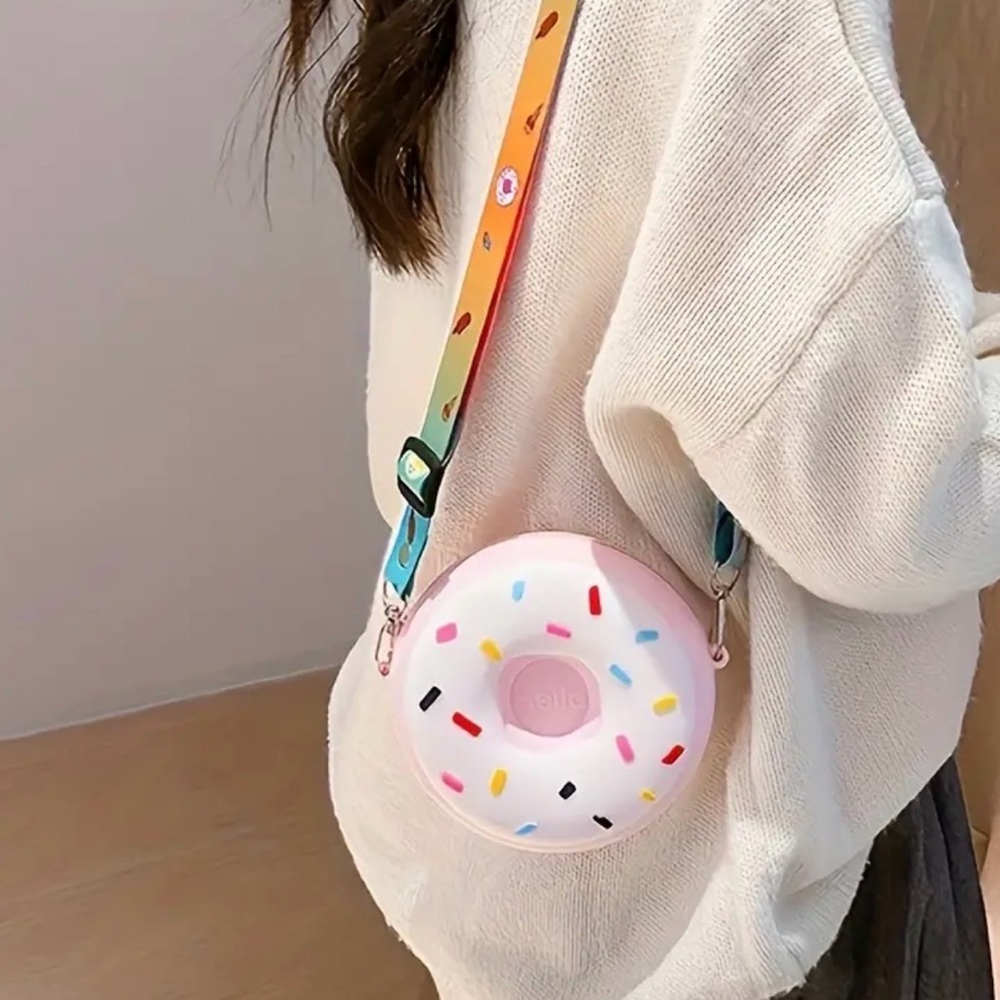 NEW Pink Donut Silicone Crossbody Bag w/ Rainbow Adjustable Strap Sprinkles
